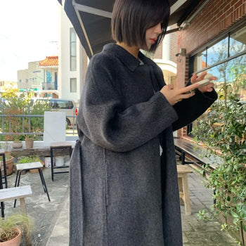Alpaca Handmade Long Coat with Hidden Buttons  , Charcoal Color Added