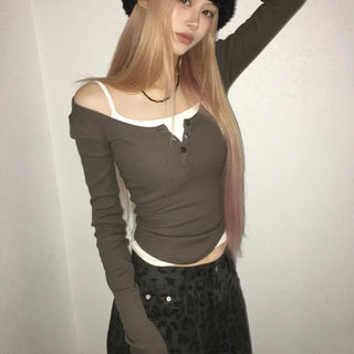 Bay Rounded Button Deep U-Neck Ribbed Long Sleeve Tee