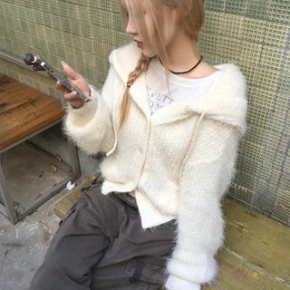 Catnip Pine Needle Angora Button Loose Hooded Knit Cardigan