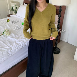 [Basic Item/Cinched Waist] Basic Plain Slim Fit V-Neck Inner Knit