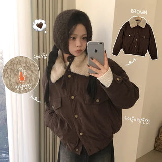 Cute Avant-garde Fit, Detachable Fur Collar, Corduroy Pockets, Avant-garde Loose Fit Sheepskin-Lined Shearling Winter Jumper