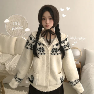 Lovely Mood, Snowflake Nordic Avant Loose Fit Hooded Knit Cardigan