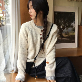 Butter Bar Heather Button Patch Round Henley Neck Wool Knit