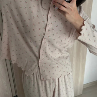 Long-sleeve Ribbed Floral Frill Pajama Set