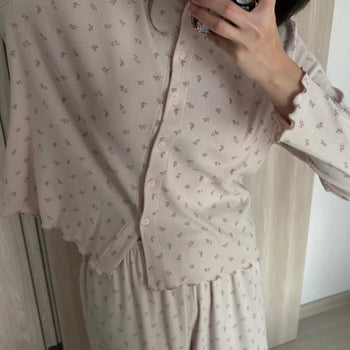 Long-sleeve Ribbed Floral Frill Pajama Set