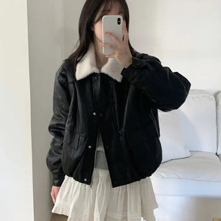 Sheepskin Leather Mustang Jacket  Fur Jacket Winter Outerwear