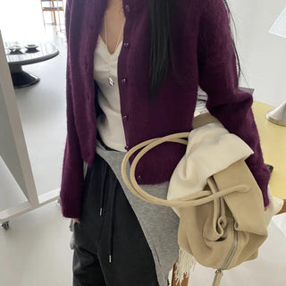 Wool Blend Hairy Jewel Button Cardigan
