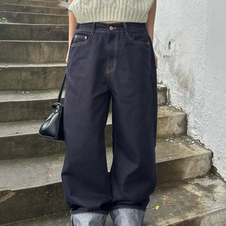 Rolled-up back elastic non-fade denim pants (2 colors)