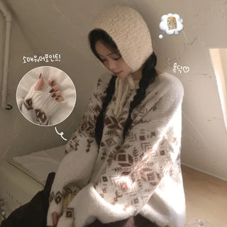 Loose-fit, Thick Angora Snowflake Nordic Embroidered Round Neck Loose Fit Winter Long Sleeve Knit
