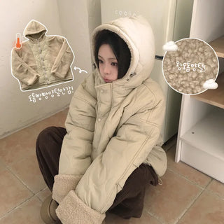 Invincible against the cold! A reliable choice for deep winter, Oversized Two-Way Sherpa Quilted Drawstring Hooded Padded Jumper