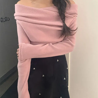 La Tulipe Brushed Fleece Shirred Off-shoulder Long Sleeve T-shirt