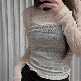 Delicate Fit See-through Pleated Shirred Round Neck Long Sleeve T-shirt
