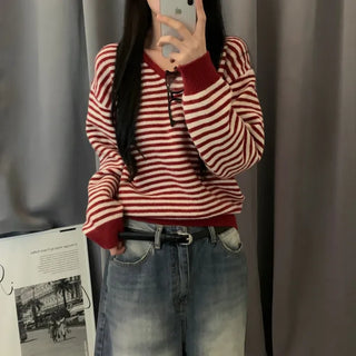 [Cinch Waist!] Winter Striped Loose V-Neck Knit