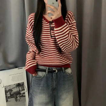 [Cinch Waist!] Winter Striped Loose V-Neck Knit
