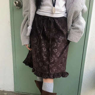 Rose Flower Velvet Frill Elastic Waist Midi Skirt