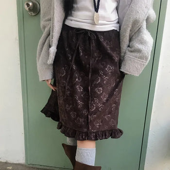 Rose Flower Velvet Frill Elastic Waist Midi Skirt