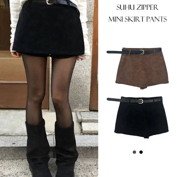 Suhu Zipper Leather Mini Skirt Pants