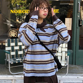 Full Key Stripe Contrast Collar Ribbon Knit