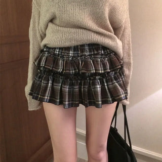 Zebrie check elastic waistband tiered skirt-pants