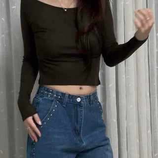 Soft Mood Slash Neck Crop Long Sleeve T-shirt