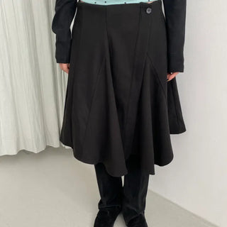 Two-Button Asymmetrical Wool Midi Flare Skirt