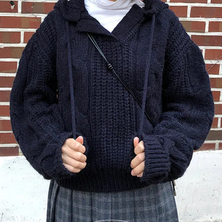 Lovely Duck Slit Cable Knit Alpaca Hooded Knit