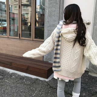 Koyori Lovely Cable Knit Wool Zip-Up Hoodie