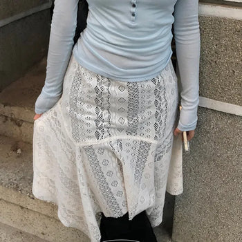 Self Elastic Asymmetrical Lace Layered Midi Skirt