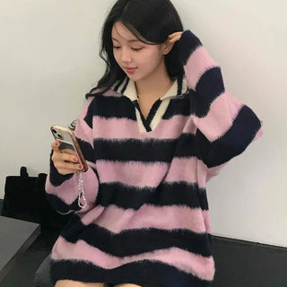 Soft Fuzzy Color Block Stripe V-Neck Knit