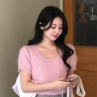 Delicate Fit Soft Puff Sleeve Square Neck Fur Knit