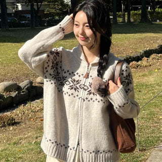 Floral Jacquard Collar Loose Fit Zip-Up Knit Cardigan