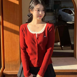 Sweet Color Block Round Neck Slim Fit Button Ribbed Knit Cardigan