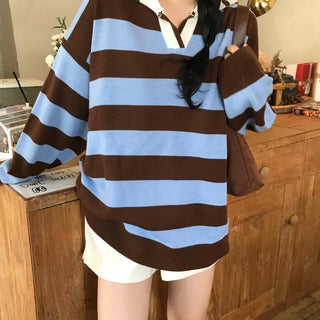 Retro Striped Collared Oversized Knit