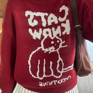 Hebrew Lettering Cat Jacquard Loose Fit Knit