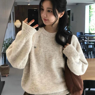 Soft Wool Blend Balloon Sleeve Round Neck Knit