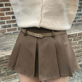 Vintage Leather Belt Cutout Pleated Skirt