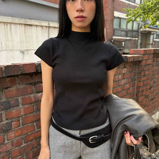 Slim Fit Half-Neck Short Sleeve Knit T-Shirt
