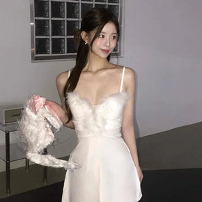 Feather Fur Trim Satin Bustier Mini Dress