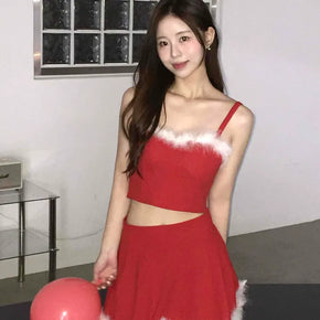Santa Girl Fur-Trimmed Halter Neck Crop Two-Piece Dress