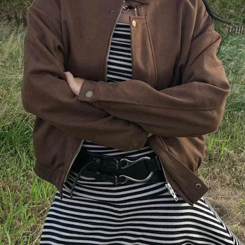Vintage Campus Look Snap Button Loose Fit Zip-Up Blouson