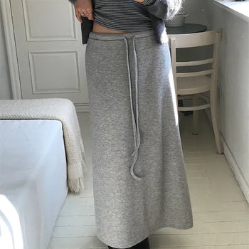 Poose Back Slit Long Skirt Layered/Elastic Waist Long Skirt/Elastic Waist Skirt/Strap Skirt/Terry/Long Skirt/Slit Skirt/Ribbed Skirt