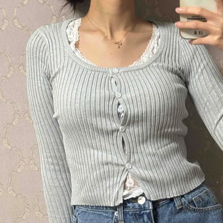 Frill Square Neck Shirred Crop Knit Cardigan