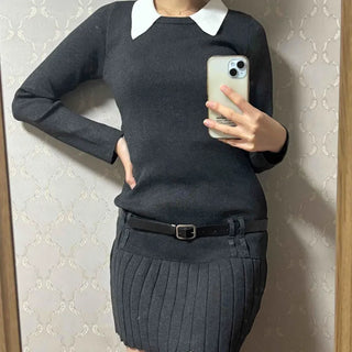 Preppy collar color-block knit pleated skirt mini dress