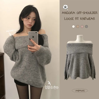 Protective Instinct Avant-Looze Fit, Ribbed Off-Shoulder Heathered Angora Delicate Oversized Winter Long-Sleeve Knit