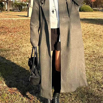 Loose Fit Collarless Belted Wool Blend Long Coat