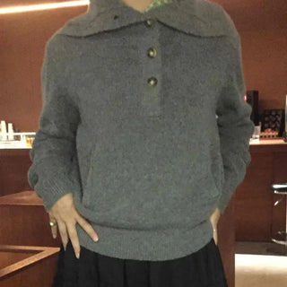 Sailor Collar Button Wool Blend Double Neck Knit