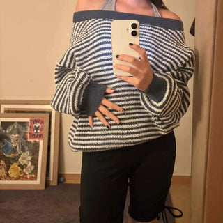 Off-shoulder loose-fit bold striped knit