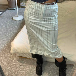 Vertical Stripe Frill Elastic Midi Skirt