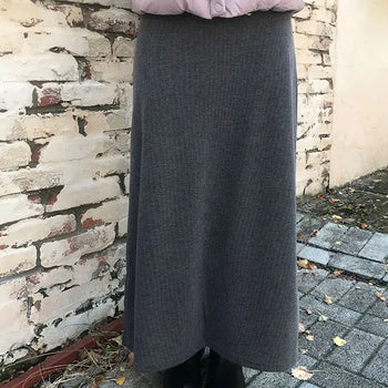 Deuce Ribbed Elastic Long Skirt Layered/Elastic Long Skirt/Elastic Skirt/Strap Skirt/Terry/Long Skirt/Slit Skirt/Ribbed Skirt