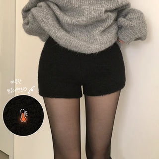 A styling essential, Thick Sherpa Boucle Elastic Waist High-Waisted Winter Shorts Black Shorts